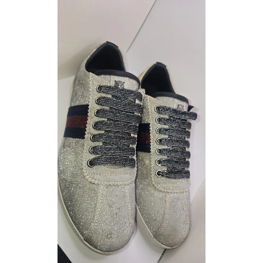 Gucci Bambi Web Silver Glitter Low Top Sneaker Tiger Face Studded Heel Size 40